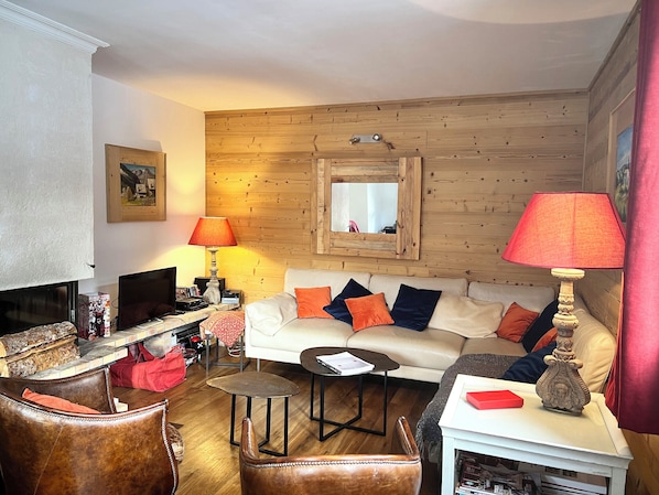 TV, fireplace, DVD player, books