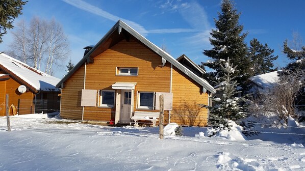 Une cabane en bois avec un toit en pente, une porte d’entrée et une fenêtre.