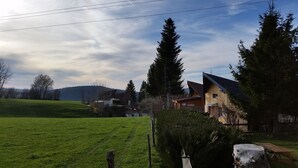 Un paysage rural avec des maisons, un champ d’herbe et une colline boisée en arrière-plan.