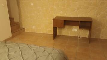 1 bedroom, desk, iron/ironing board, travel cot