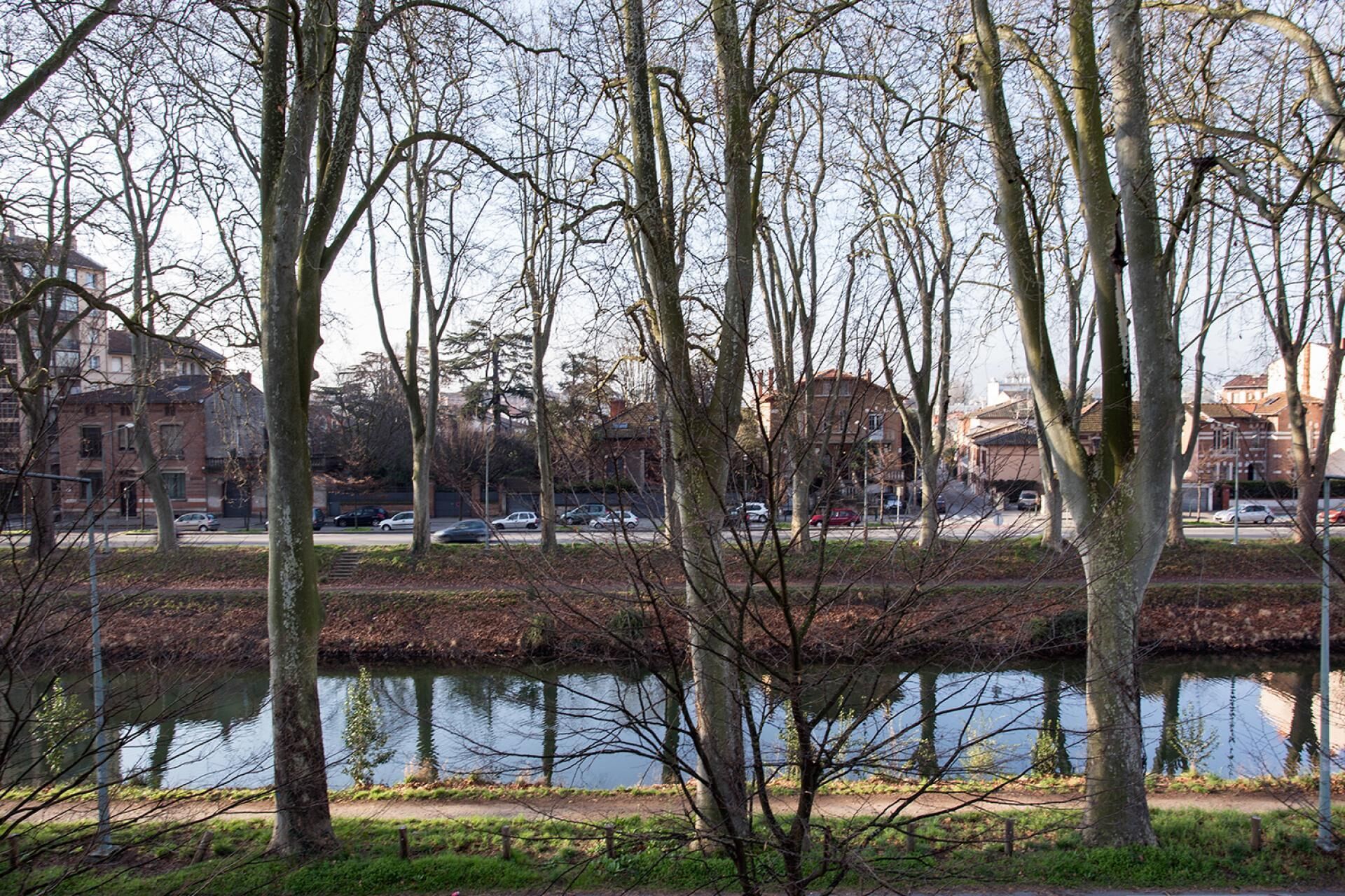 Un parc avec un lac paisible, entouré d’arbres sans feuilles et de bâtiments en arrière-plan.
