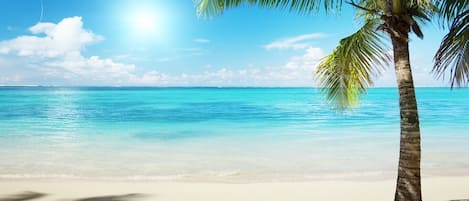 On the beach, sun-loungers, beach towels