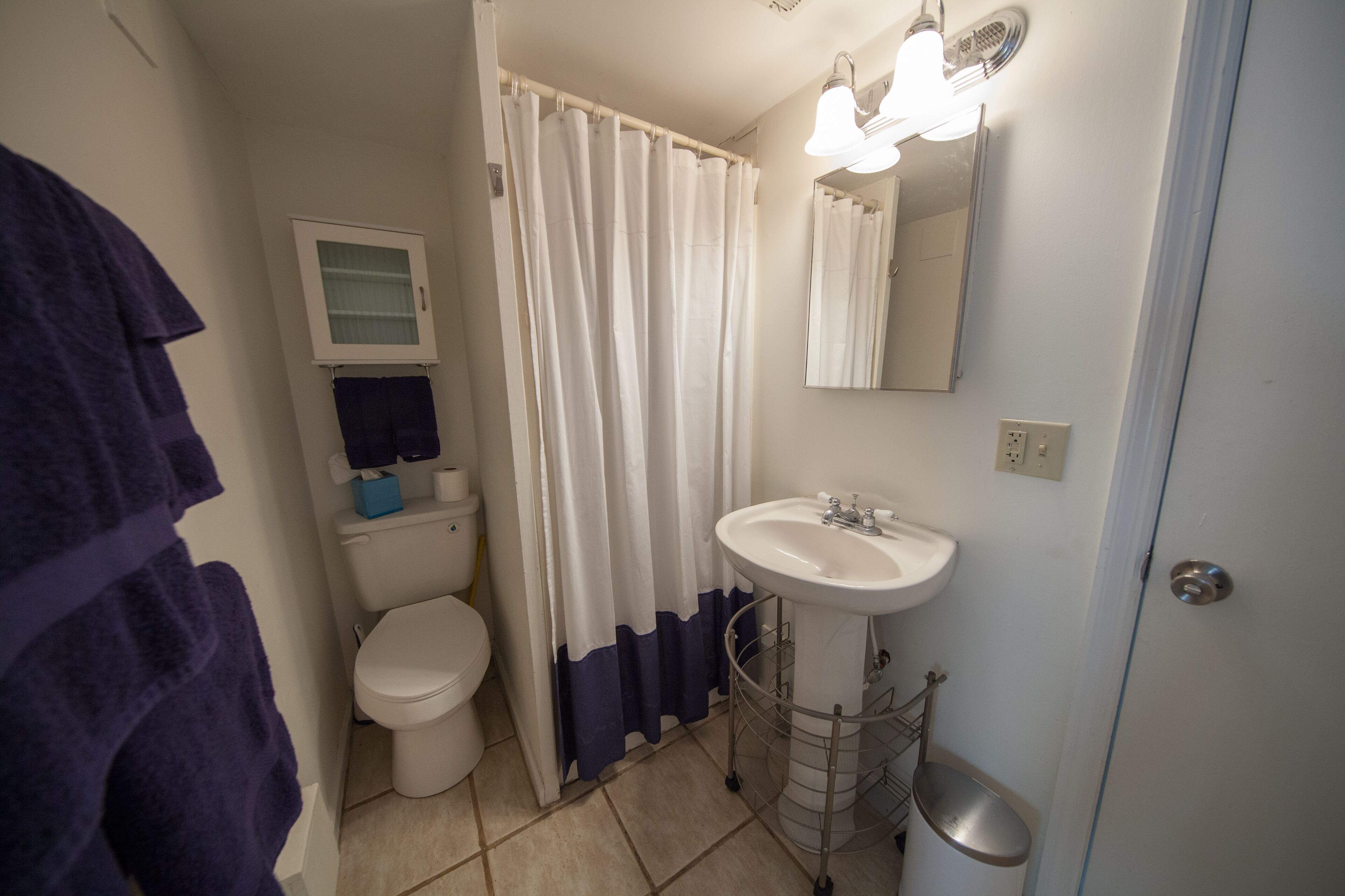 Un baño con inodoro, lavamanos y cortina de ducha.