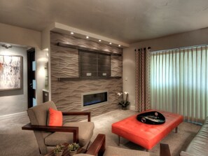 Télévision, cheminée, lecteur de DVD, chaîne hi-fi