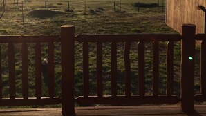 A wooden deck with a view of a grassy field and mountains in the distance. - Where beautiful scenery is unavoidable! Fly-fishing, hiking/family time w/pets! (Ennis)