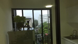 Un balcón con planta en maceta, una bicicleta y vistas a edificios y árboles.