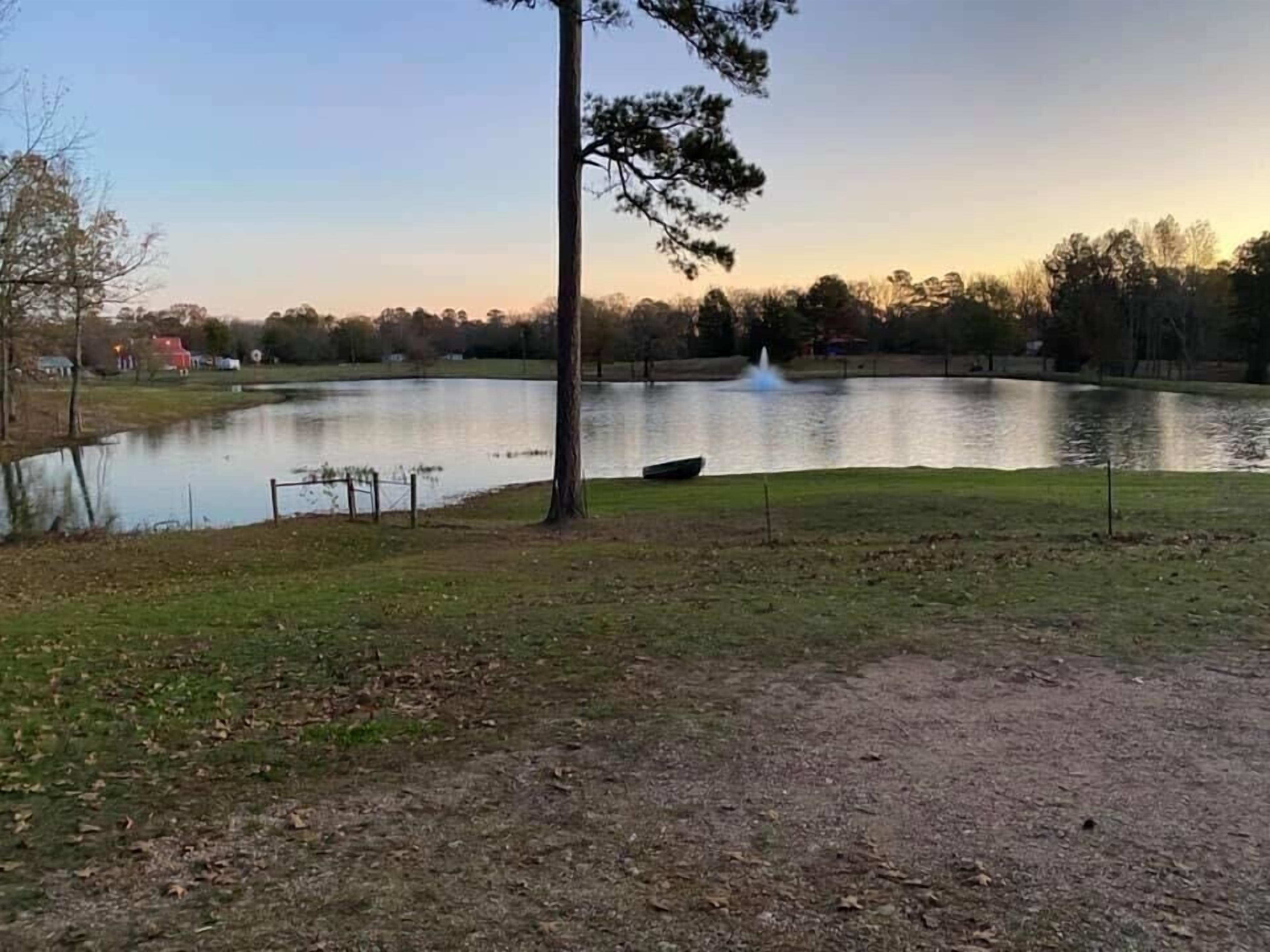 A serene lakeside setting with a grassy area, a dock, and a fountain.