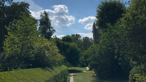 A pathway flanked by neatly trimmed hedges and trees, leading towards a building with a clock tower.