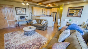 Smart TV, fireplace, DVD player, books