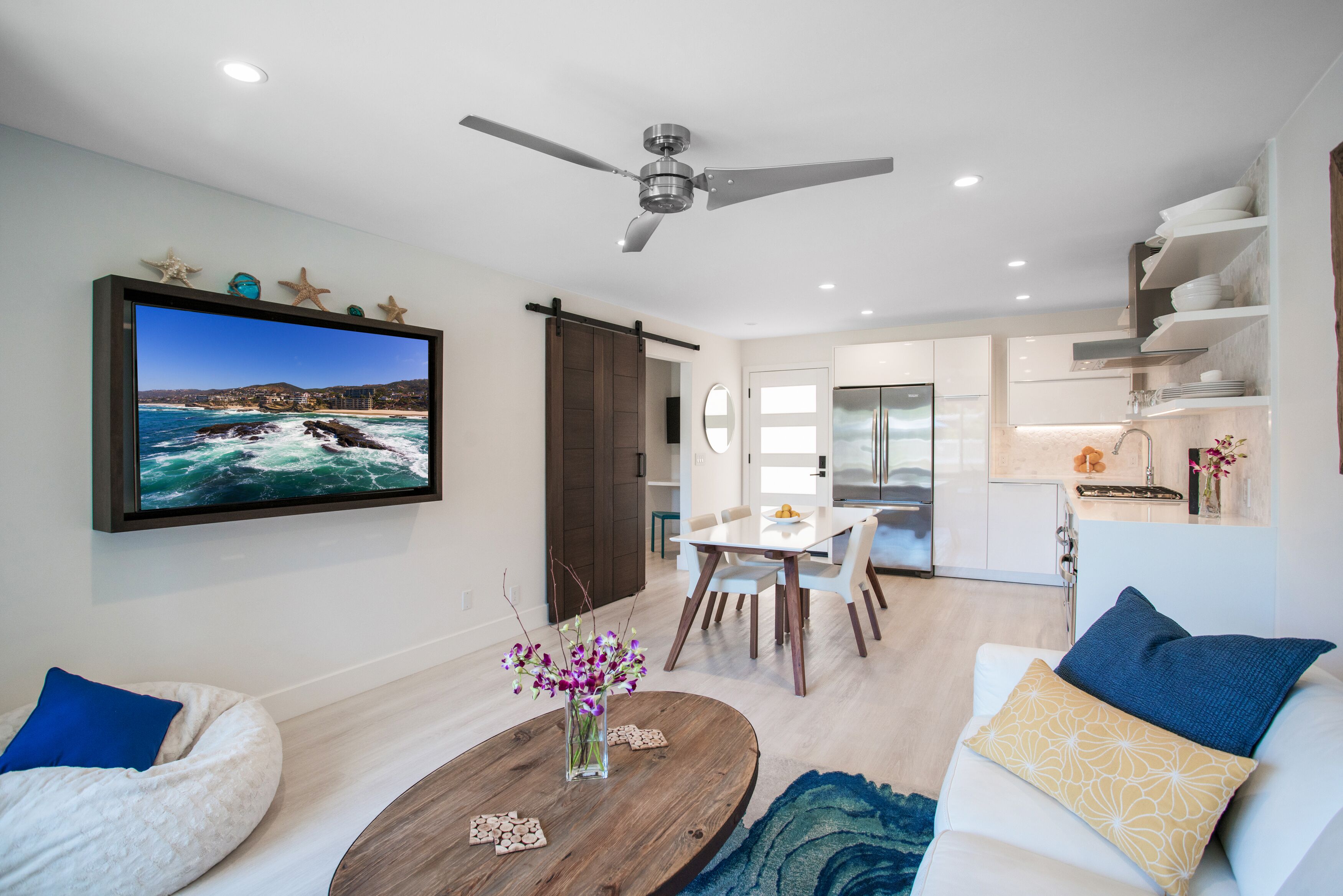 Smart TV, fireplace, music library