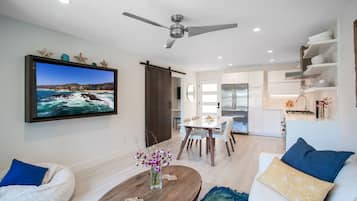 Smart TV, fireplace, music library