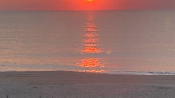 Nära stranden och solstolar