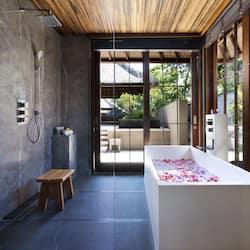 Bulan (Garden Pool Villa) | Bathroom | Combined shower/tub, deep soaking tub, rainfall showerhead