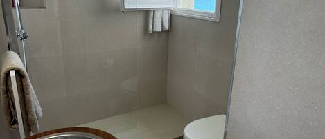 Une salle de bain avec douche, toilettes et lavabo.