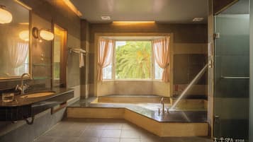 Separate tub and shower, jetted tub, hydromassage showerhead
