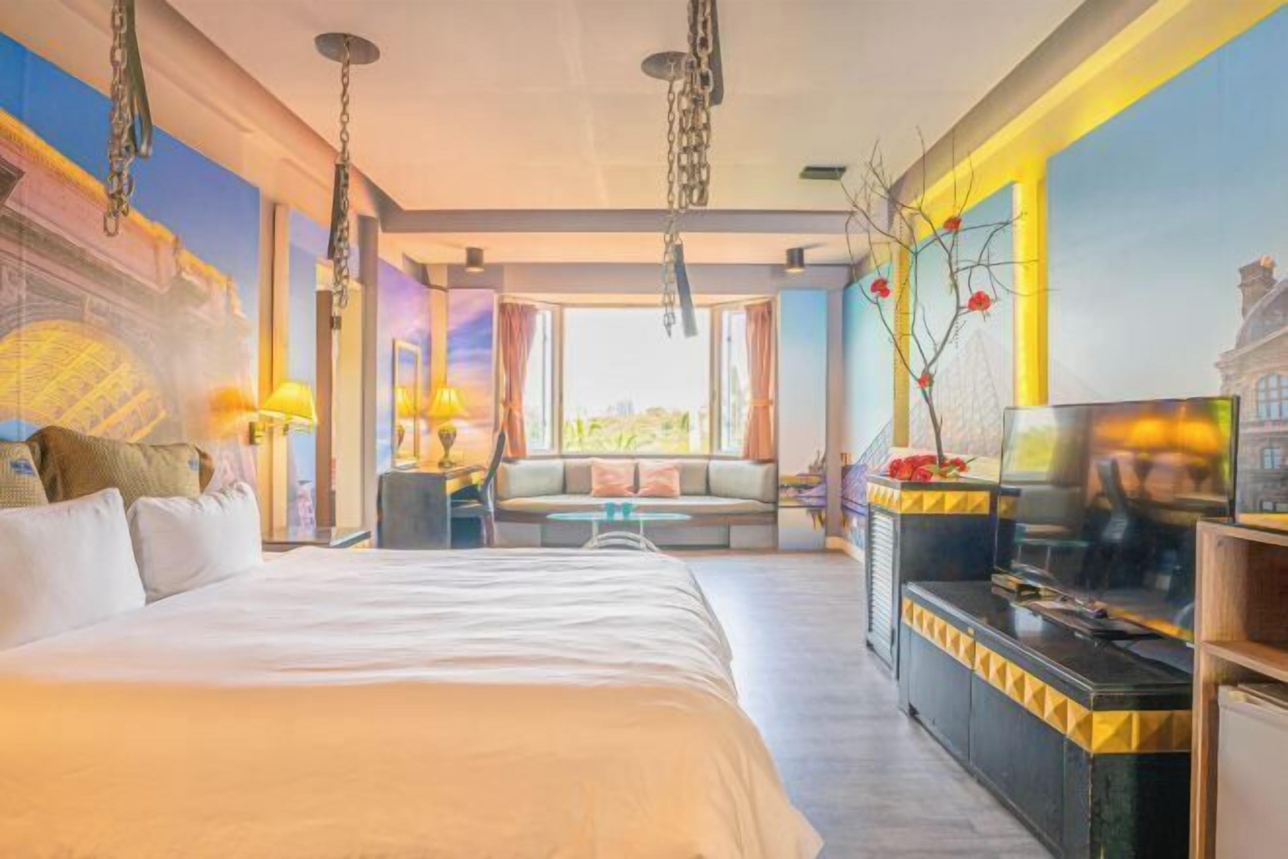 Premium bedding, down comforters, blackout drapes, soundproofing