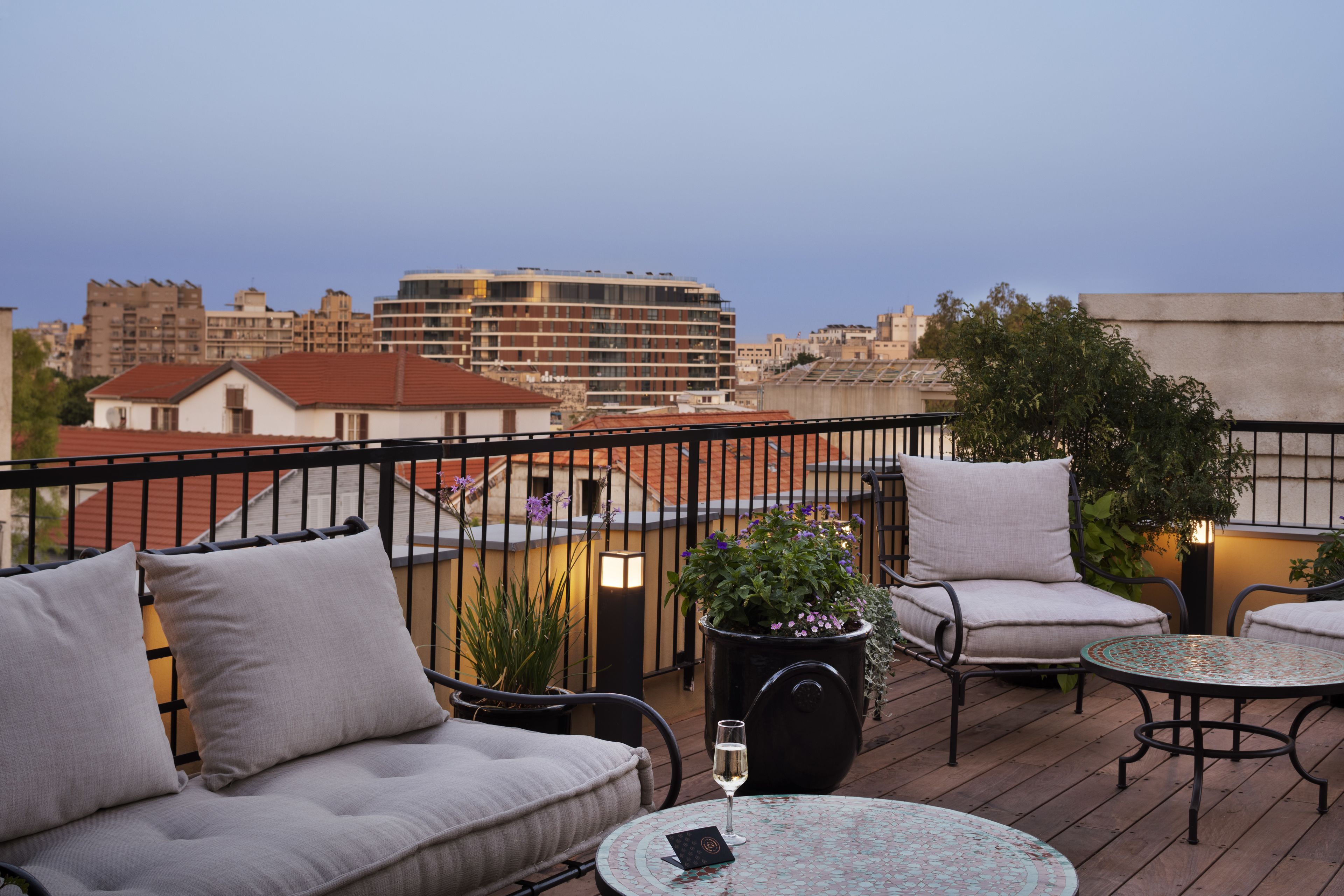 A rooftop terrace with outdoor furniture, a table, and a potted plant.