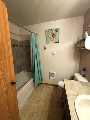 Bañera con ducha, secador de pelo, toallas, jabón