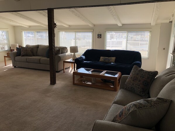 A spacious living room with a beige carpet, two sofas, a coffee table, and a lamp.