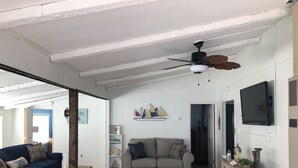 Una sala de estar con un sofá, una mesa de centro, un ventilador de techo, un televisor y una estantería.