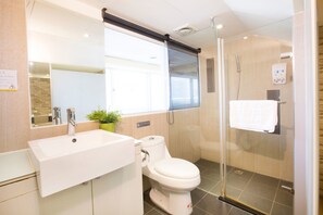Buồng tắm vòi sen, máy sấy tóc, khăn tắm, dầu gội