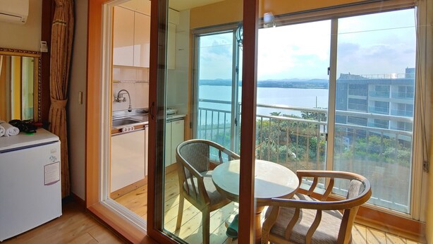 Een compacte kamer met een kitchenette, een eethoek met tafel en stoelen, en een schuifdeur die leidt naar een balkon met uitzicht op een waterpartij en verre gebouwen.