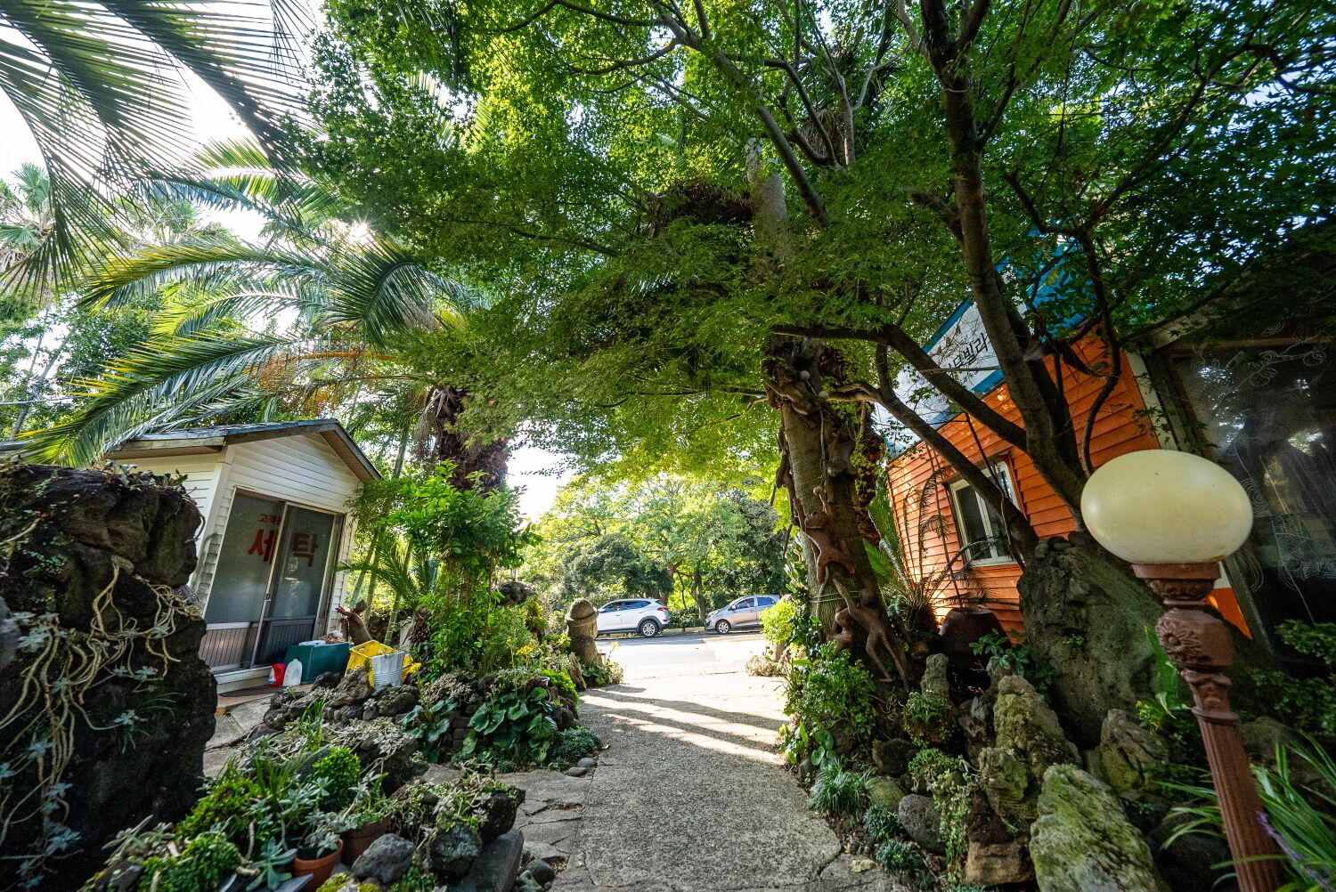 A pathway leading to a traditional house with a stone wall and a lamp post.