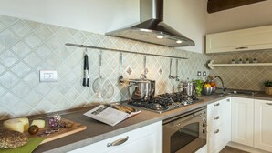 Une cuisine moderne équipée d’une cuisinière à gaz, d’un four et d’ustensiles suspendus.