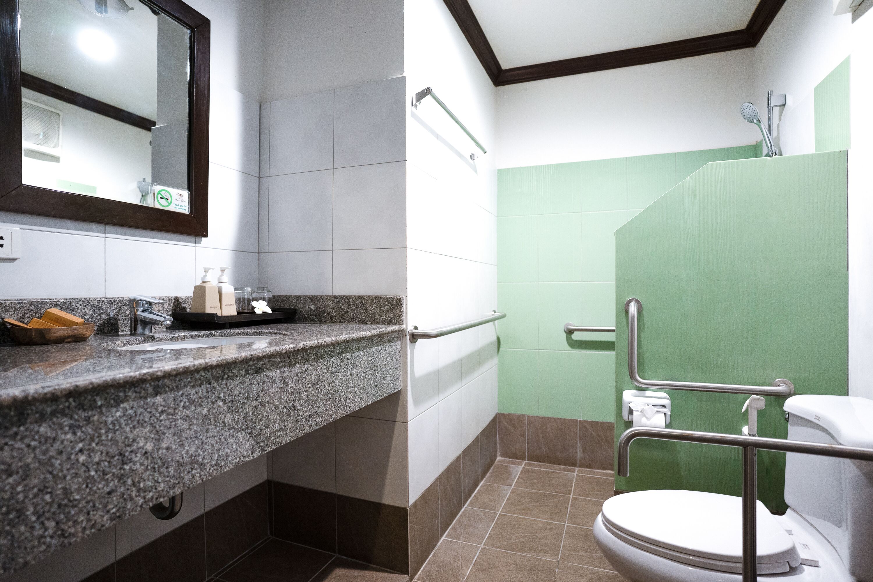 A bathroom with a granite countertop, white and green tiles, a white toilet, and a handrail.