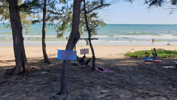 Une plage avec des arbres, un panneau et des jouets de plage.