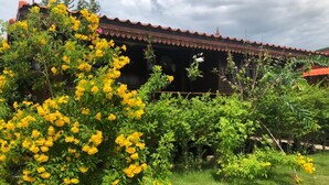 Un bâtiment doté d’un toit recouvert de tuiles rouges et d’un jardin où poussent des plantes à fleurs jaunes.