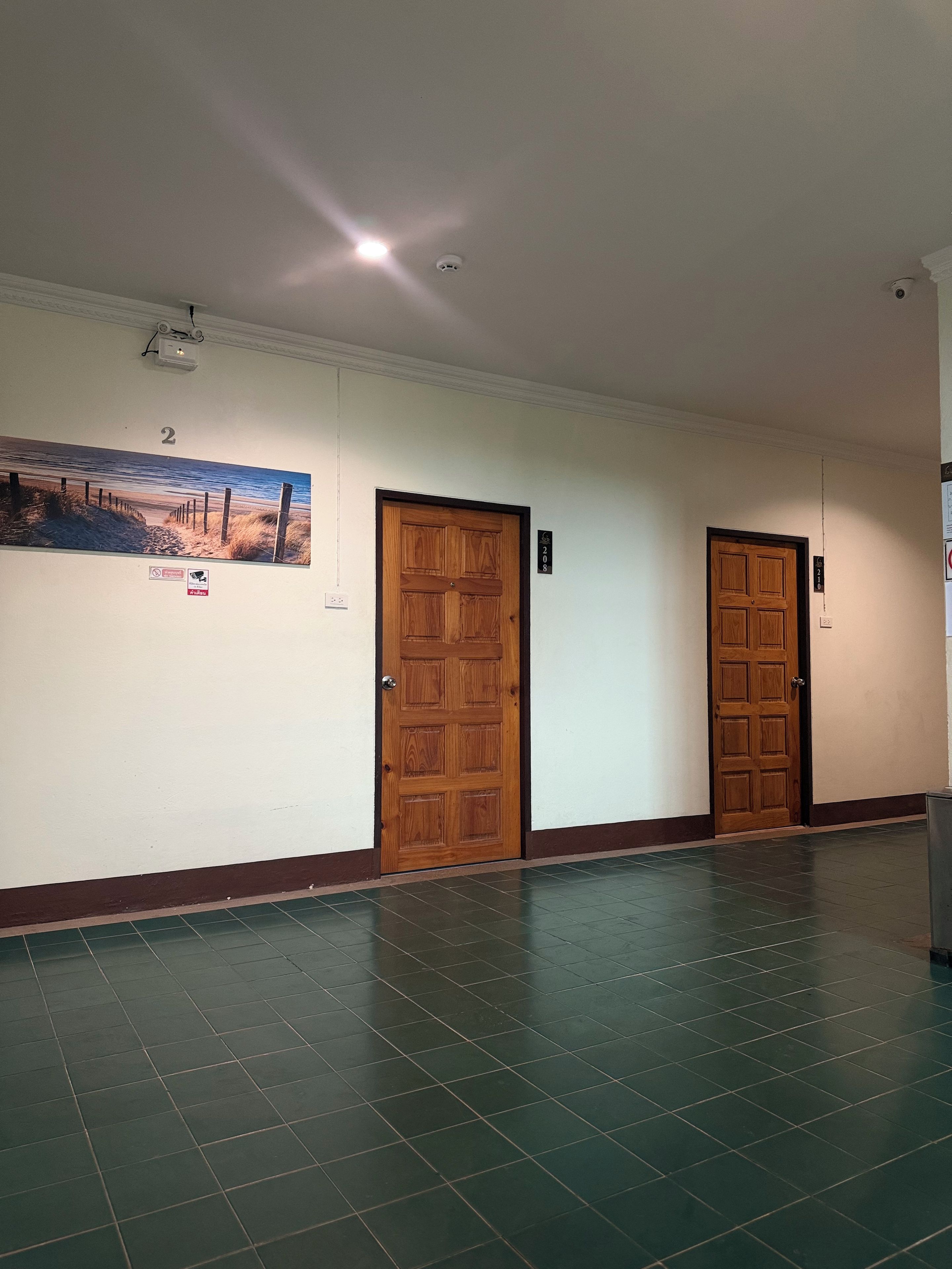 A hallway with two wooden doors, a wall-mounted light fixture, and a beach scene painting.