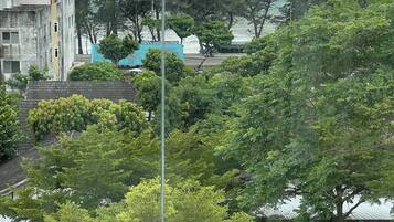 A view from a window overlooking a residential area with trees and a building with a blue roof.