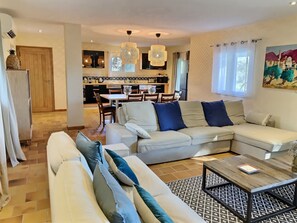 Télévision, cheminée, lecteur de DVD, chaßne hi-fi