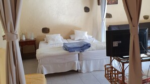 A bedroom with a bed, a TV, and a small table. - Spacious, original, cozy, flooded with light, fiberglass, autonomous (Torroja del Priorat)