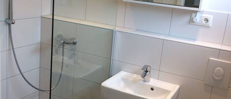A modern bathroom with a glass shower enclosure, a white sink, and a toilet.