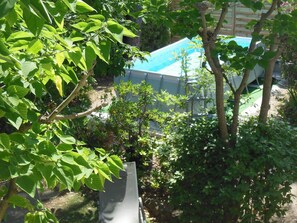 Una piscina rodeada de exuberante vegetación y árboles.