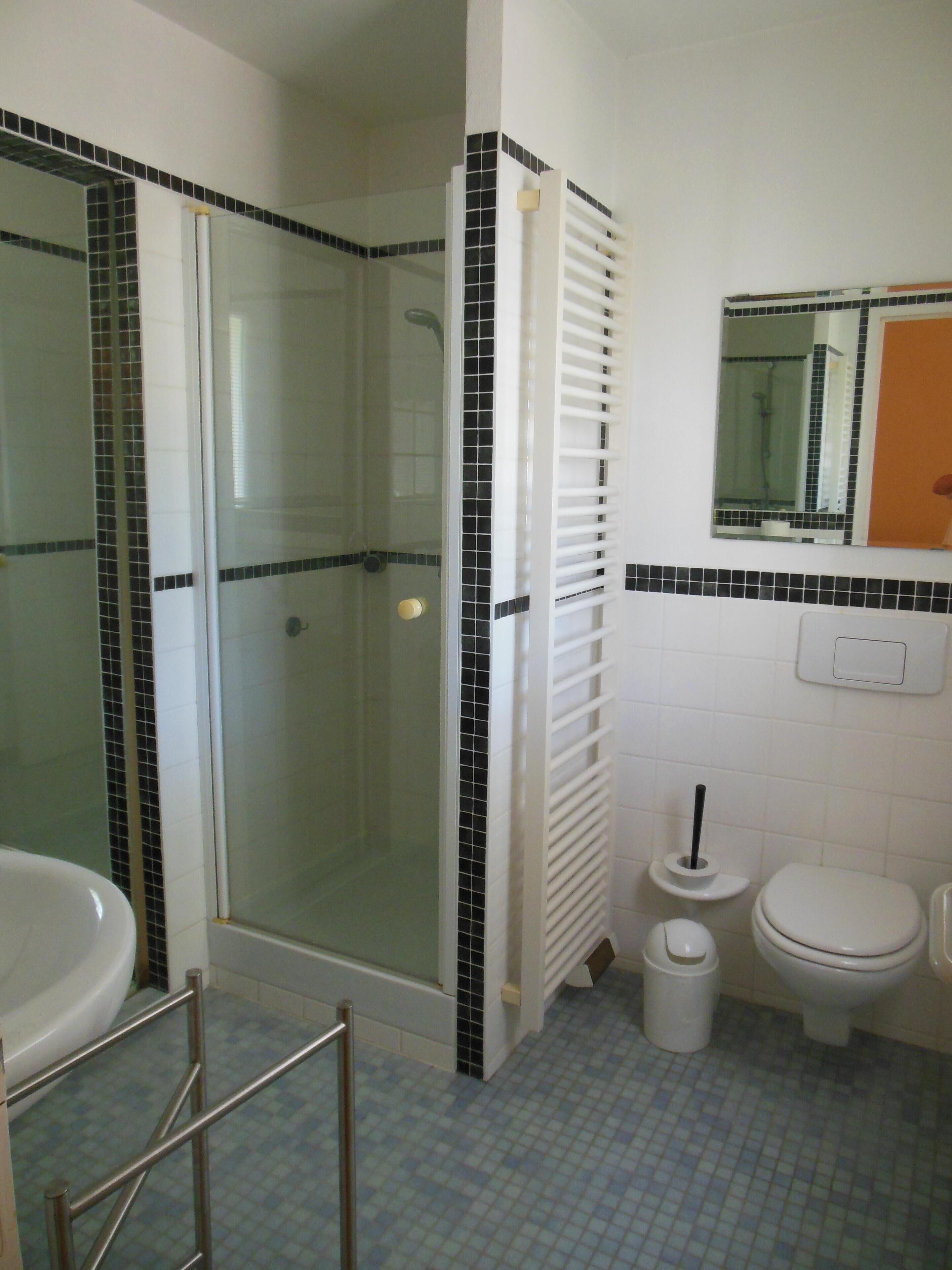 Ein Badezimmer mit Duschkabine, Toilette und Waschbecken.