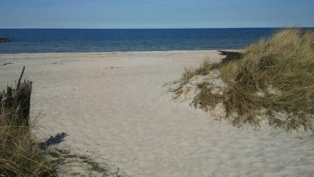 A sandy beach with dunes and a clear view of the ocean.