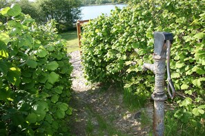 Stroll along the winding stone pathway through lush foliage, surrounded by a serene body of water.