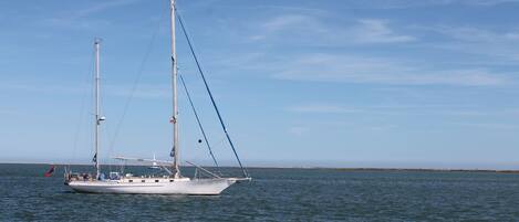 A sailboat on calm water with a clear sky.