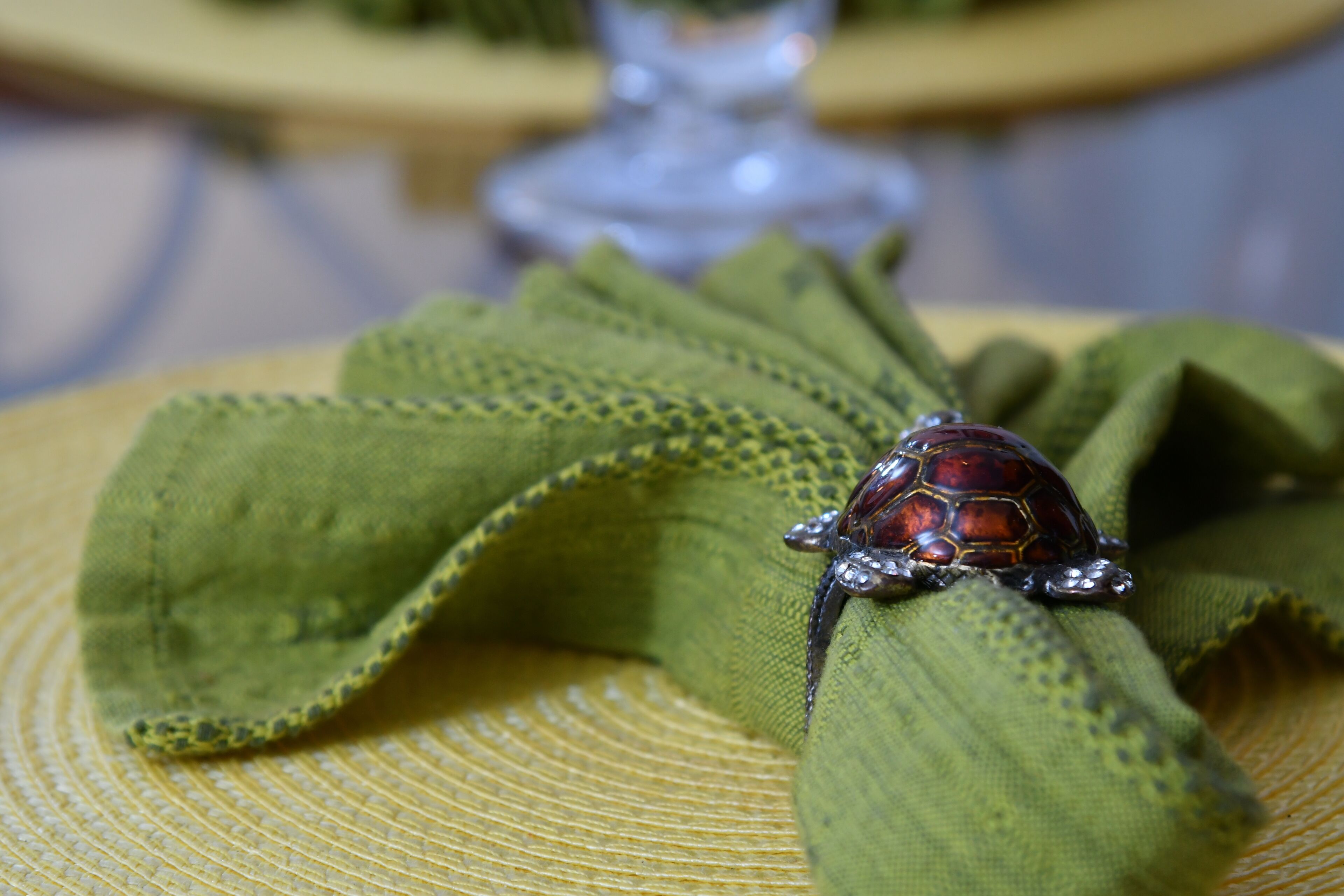 A green cloth napkin with a turtle on it.