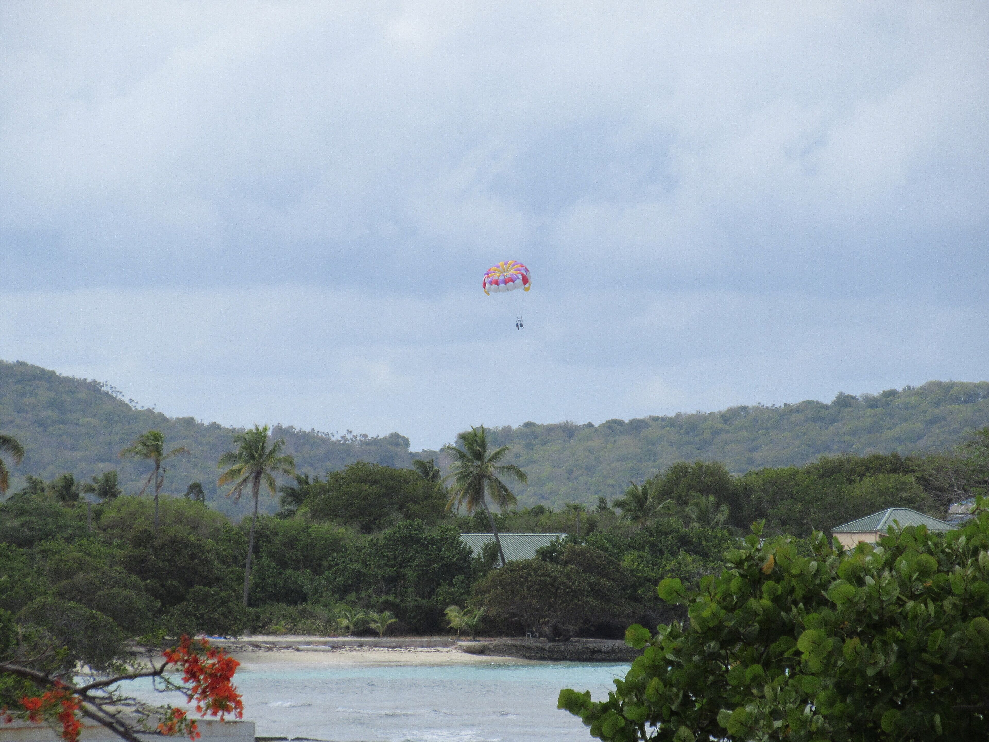 A beach with clear water, palm trees, and a building in the background.