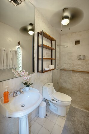 Douche, sèche-cheveux, serviettes fournies, savon