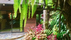 A lush garden with ferns and flowering plants, a wooden structure, and a stone pathway. - Private Cottage In The Rain Forest TA065882726401 (Kailua-Kona)