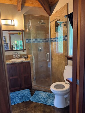 Une salle de bain avec une douche à parois de verre, des toilettes blanches et un meuble-lavabo.