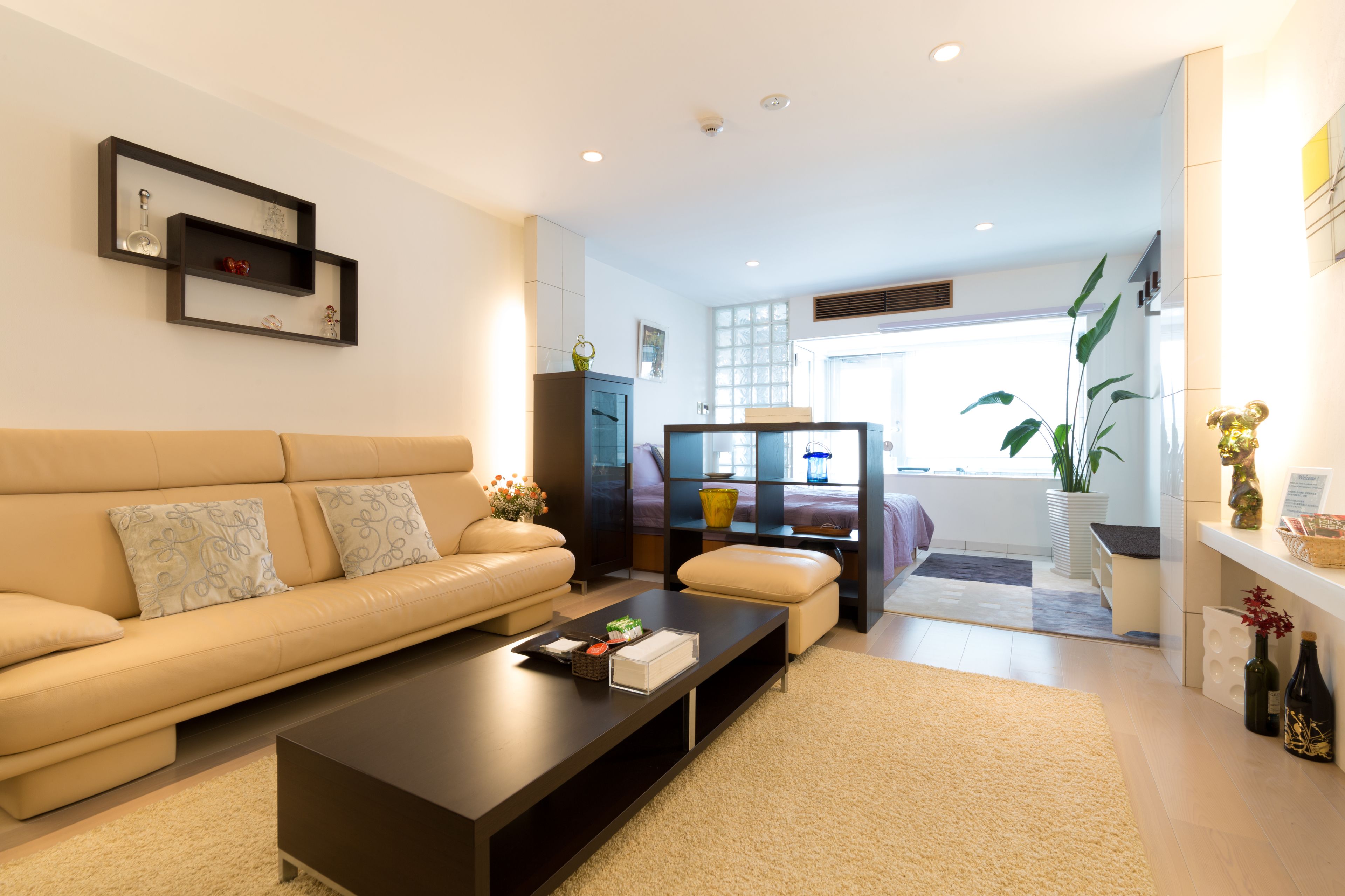 A modern living room with a sofa, coffee table, and a TV. There is a window with a view of the outside.