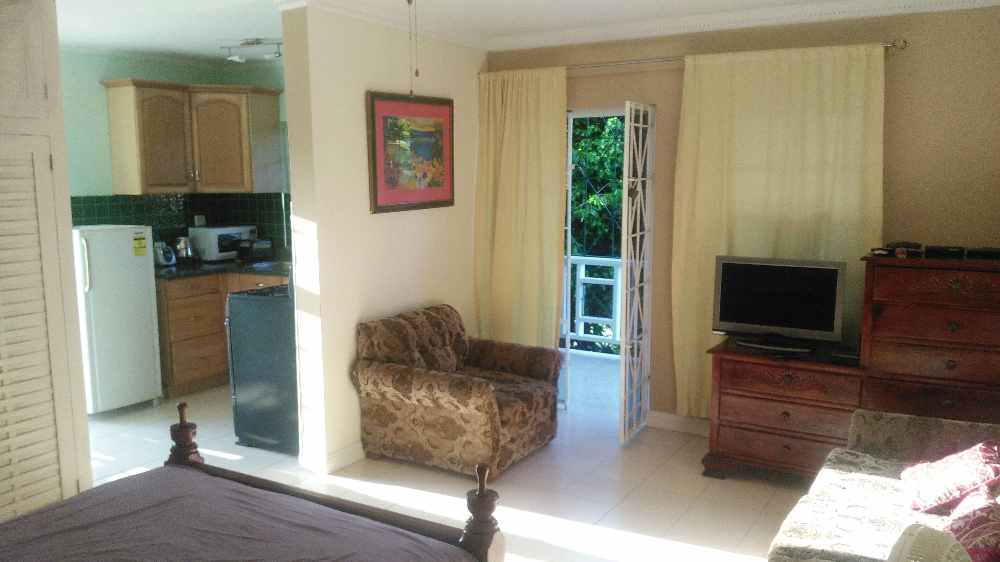 A room with a bed, a sofa, a television on a wooden dresser, a kitchen area with cabinets and appliances, and a door leading outside.