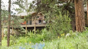 Un edificio de dos plantas con balcón, rodeado de bosque denso y flores silvestres.