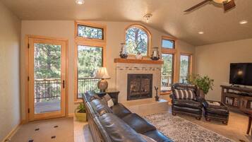 TV, fireplace, DVD player, books